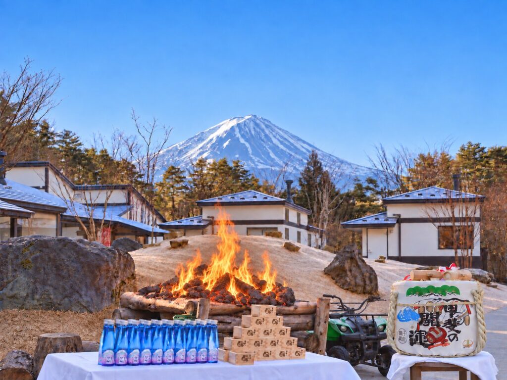 富士山を望むお神酒と焚き火｜ハンズアウトドアリゾート河口湖の年末年始
